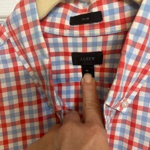J. Crew Men's Red and Light Blue Plaid Slim Shirt Medium